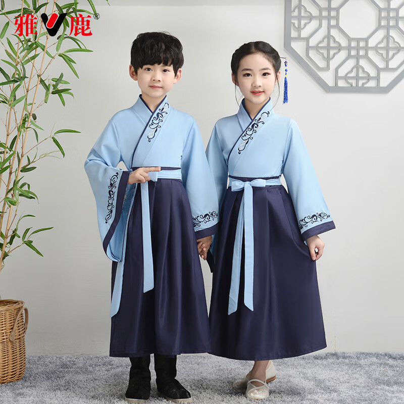 雅鹿儿童汉服国学服男女童古装书童三字经弟子规演出服AM1蓝色广袖150属于什么档次？