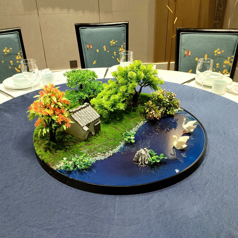 酒店大圆桌装饰摆件桌花圆形微缩景观餐桌摆台饭桌花 40cm鸭子戏水