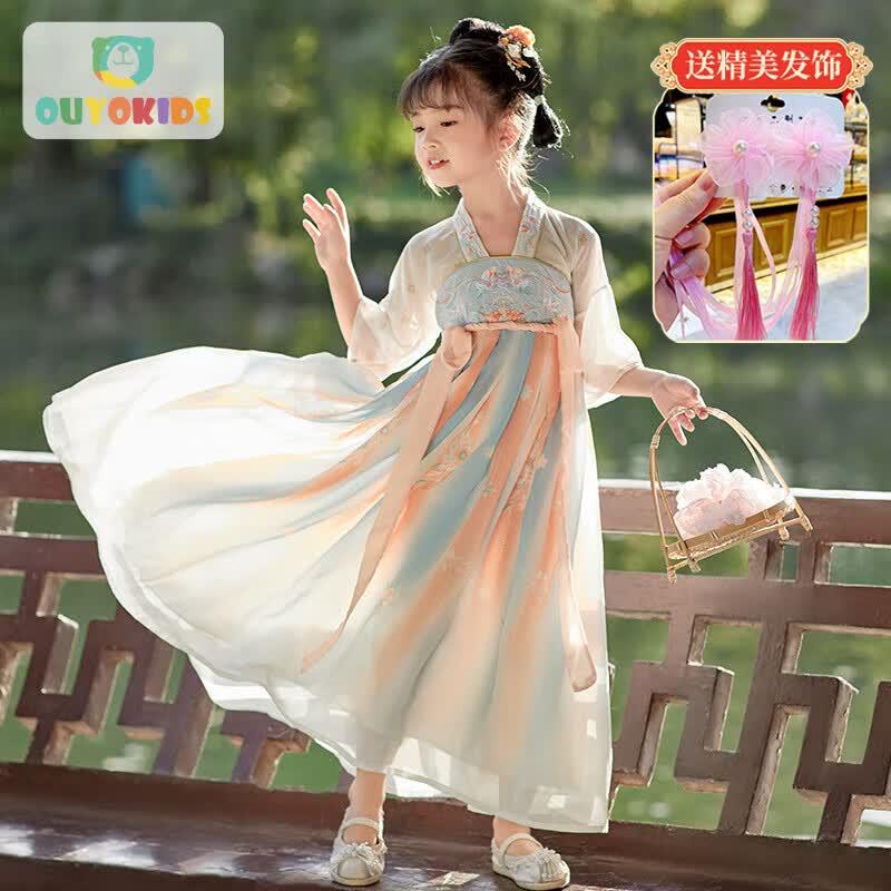 欧育儿童汉服女童连衣裙夏季薄款短袖表演服女孩礼物B2170云青130码怎么看?