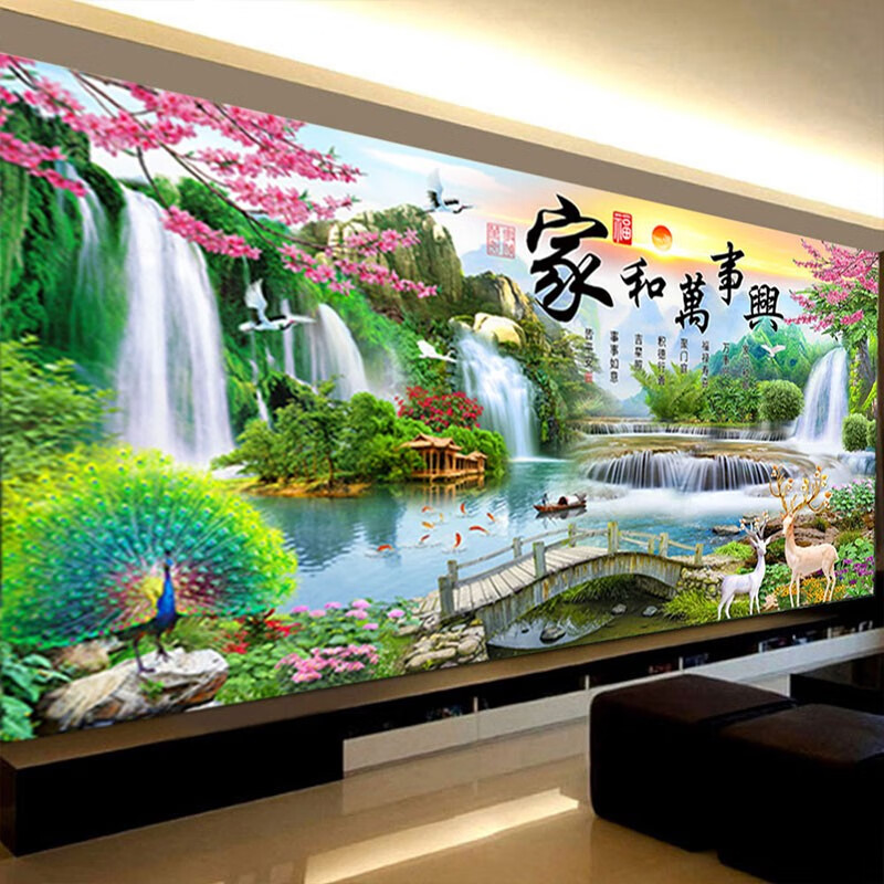 琴棋书画新款5d钻石画满钻家和万事兴流水客厅山水大画自己手工贴点钻