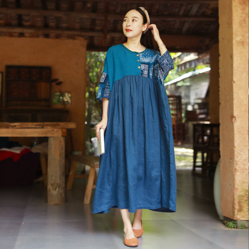 乱在江南棉麻拼接连衣裙女中长款夏季新品宽松民族风复古印花长裙