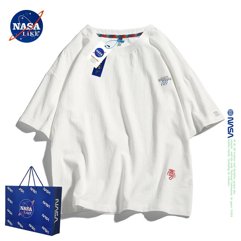 NASA LIKE官方男装潮牌联名短袖男女夏季宽松青年时尚休闲百搭刺绣设计T恤 126白色 2XL（建议140-160斤0
