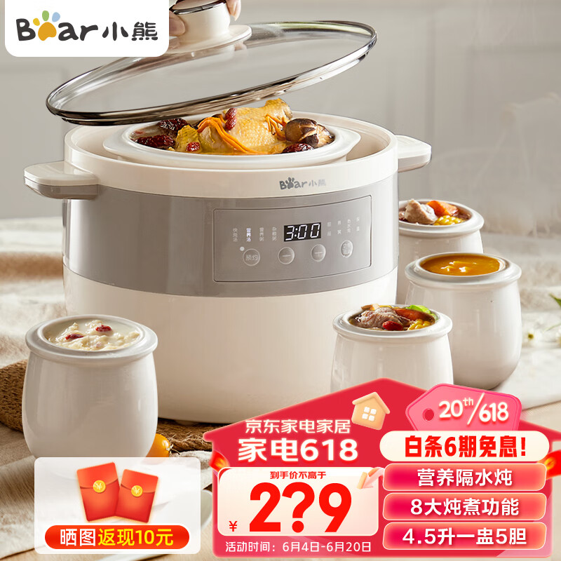 小熊（Bear）电炖锅 电炖盅煲汤锅炖汤锅白瓷炖锅家用陶瓷电砂锅隔水炖煮粥辅食锅燕窝熬粥 【4.5L大容量】一盅5胆