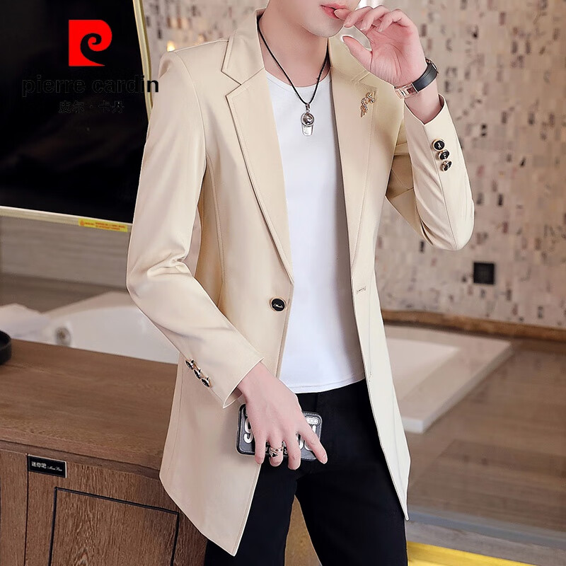 皮爾卡丹（pierre cardin）男士風(fēng)衣外套2024春秋冬新款韓版修身小西裝男裝中長(zhǎng)款西服上衣服 卡其色 M
