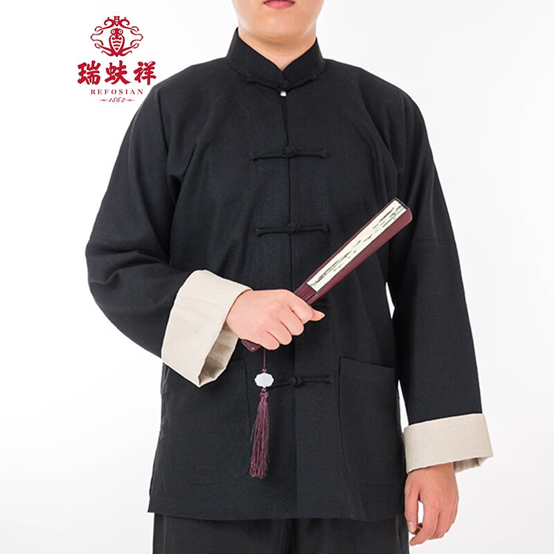 瑞蚨祥唐裝男中式長袖外套中青年棉麻春秋季男裝上衣中國風休閑漢服 黑色 XL