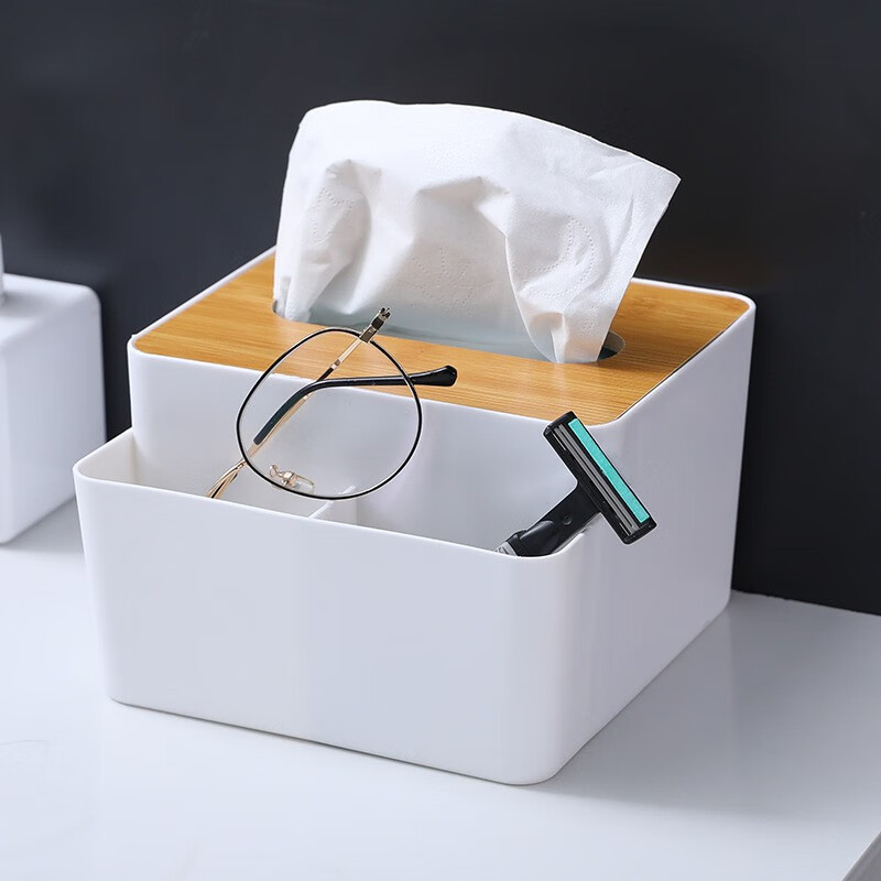 贝柚 多功能竹木盖纸巾盒创意桌面抽纸盒家用客厅简约塑料遥控器收纳盒 白色 纸巾盒