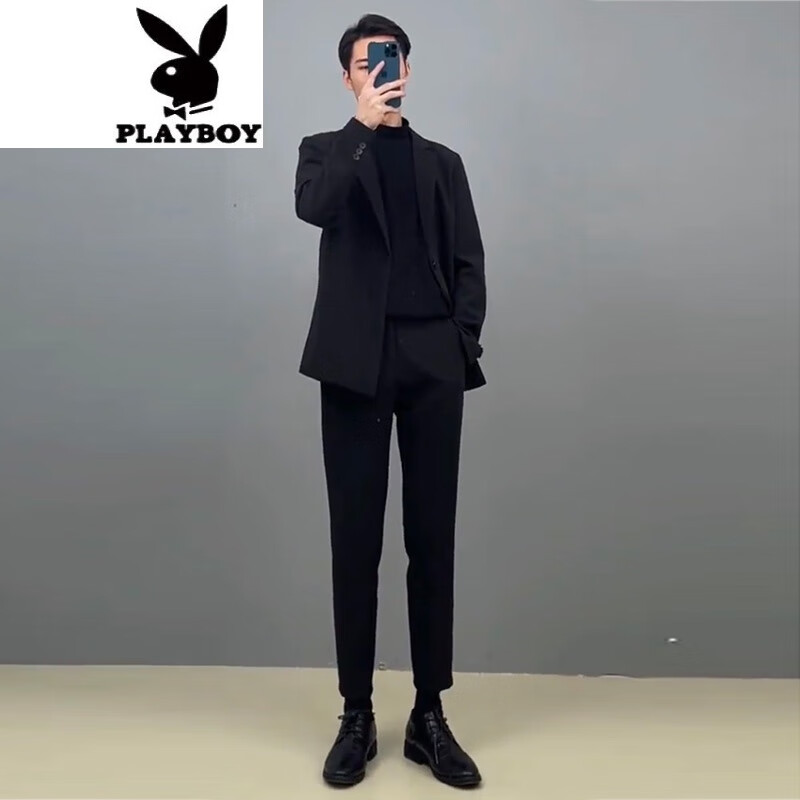 西装套装男士休闲轻熟风男装小西服 西装外套 黑色半高领打底衫 西裤