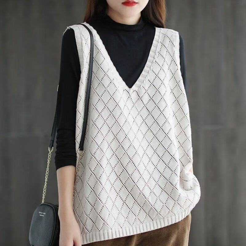 复古文艺范v领镂空春夏款宽松针织背心女工字马甲毛衣女 米白色 s 75
