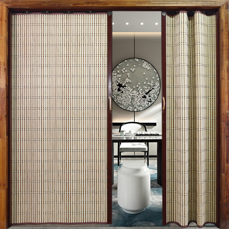 中式风格竹帘子折叠推拉门隔断门帘竹屏风客厅空调窗帘轨移门 批发款