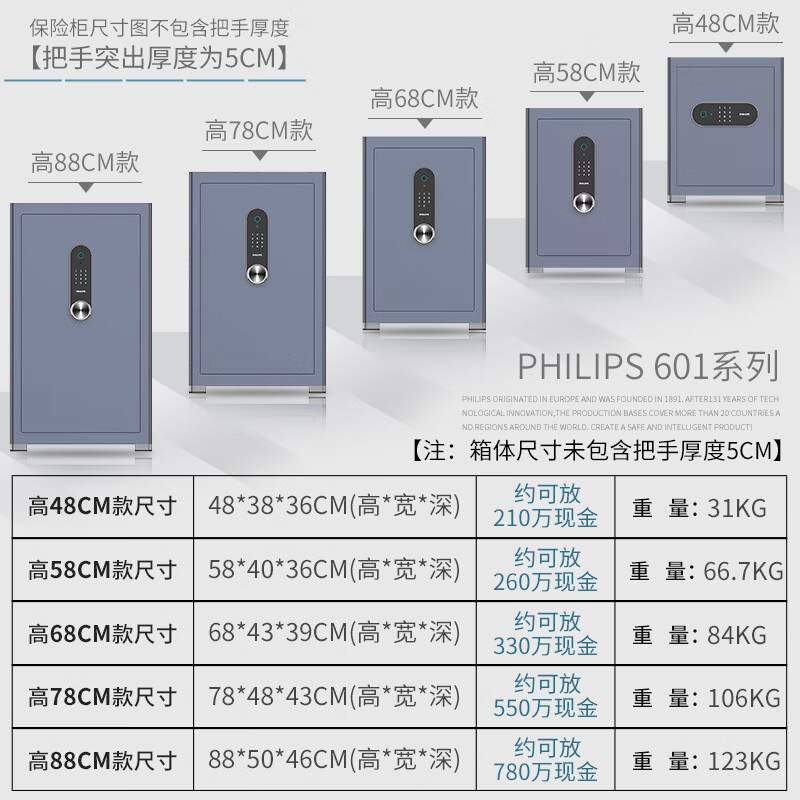 飞利浦保险柜601小型高端家用防搬走防盗入衣柜隐藏式一体成型重型首饰存钱密码指纹办公室财务保险箱 星空灰67.7公斤【高58宽40深36】
