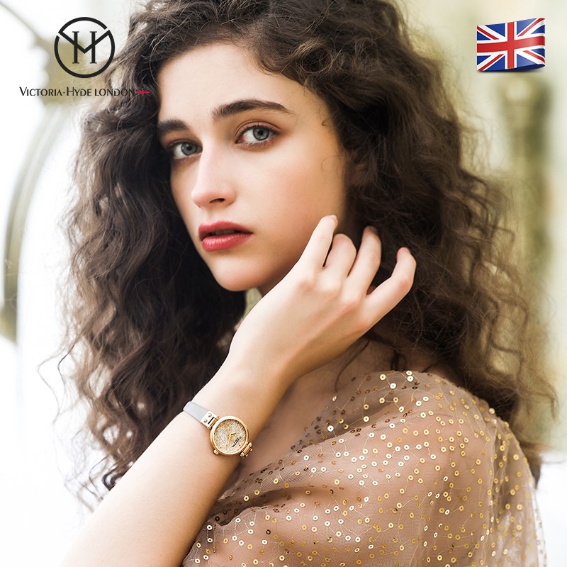 VICTORIA·HYDE火花手表女满天星学生轻奢潮流小众时尚ins礼物女表维多利亚海德 玫瑰金灰色皮带(含手链)