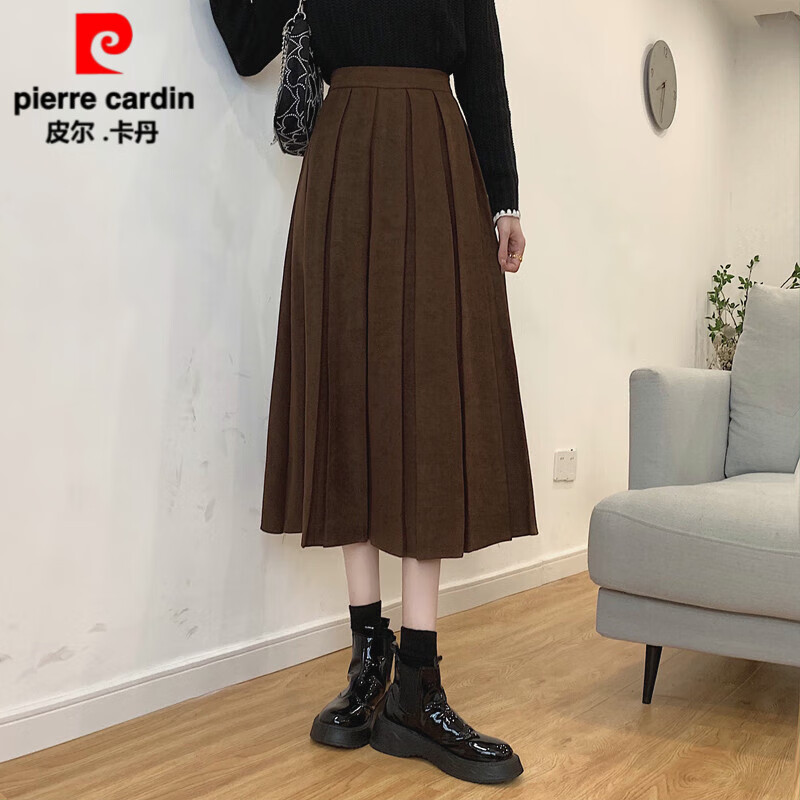 皮尔卡丹墨绿色百褶半身女春秋高腰显瘦字长子及踝半新款伞 咖啡色 s