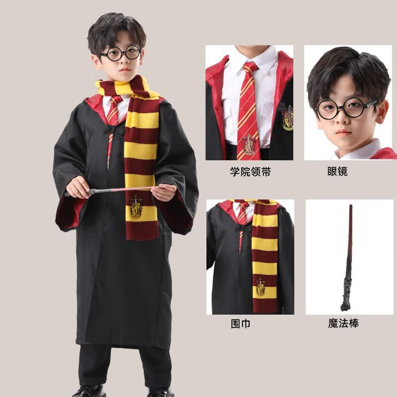 熊遛弯万圣节哈利波特学院长袍儿童魔法袍cosplay装角色扮演服装男童夏 魔法袍+领带+眼镜+围巾+魔法棒 140适合身高130 - 149)怎么看?