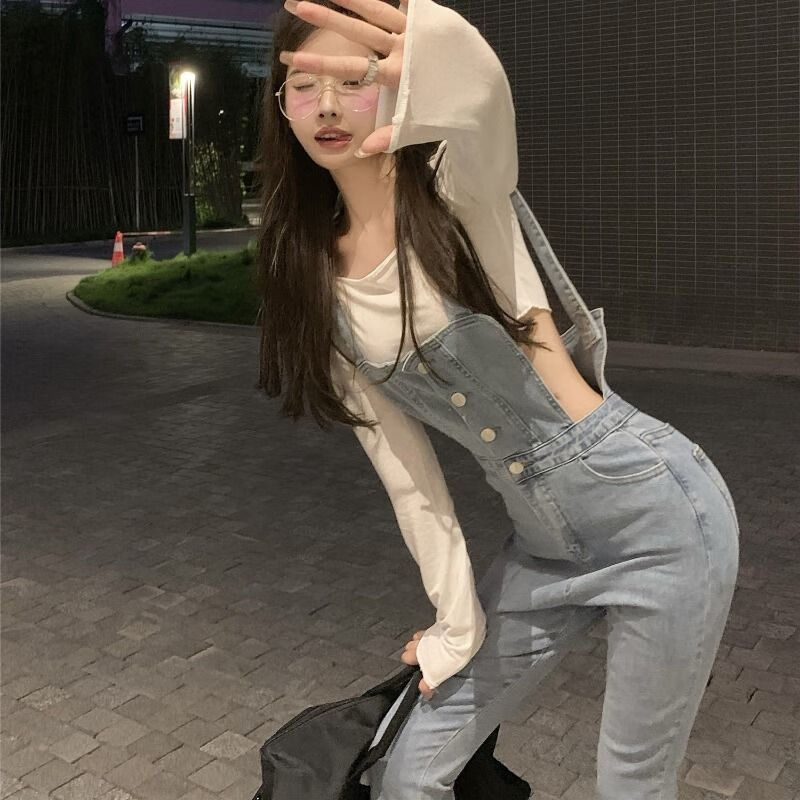 木西十背帶牛仔褲女收腰修身闊腿長褲2022夏季新款高腰顯瘦開叉喇叭褲子 淺藍(lán)色 S