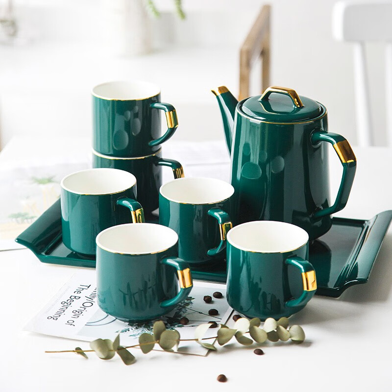 INSCRIPTION 北欧金边陶瓷茶壶茶杯套装家用客厅现代简约冷水壶水杯整套茶具 公爵绿茶具套装