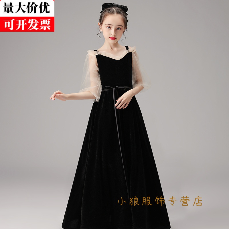钢琴演出服学生少女小提琴演奏演出服生日晚礼服洋气黑色主持人礼服裙