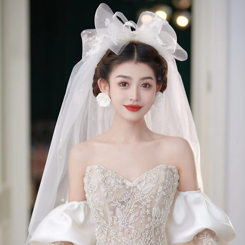 黛丝美法式森系超仙蝴蝶结头纱甜美花仙子造型主婚纱头饰婚礼服配饰
