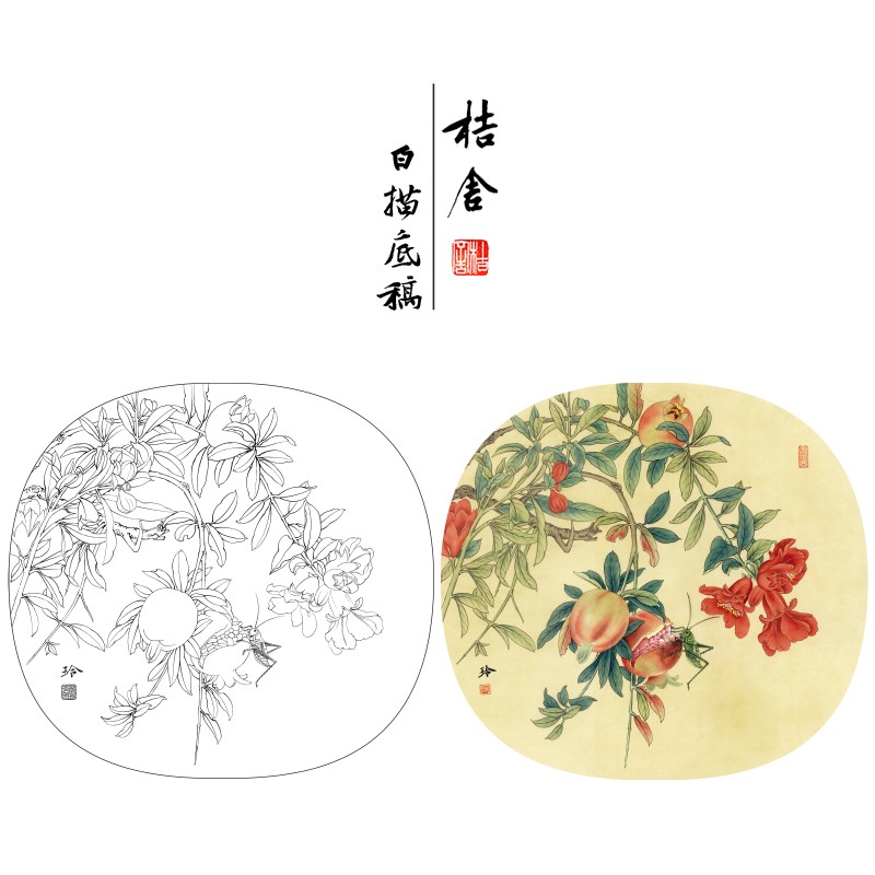 石榴圆形小品原作大小40×43厘米花鸟线稿带a3步骤图及用色说明zl85