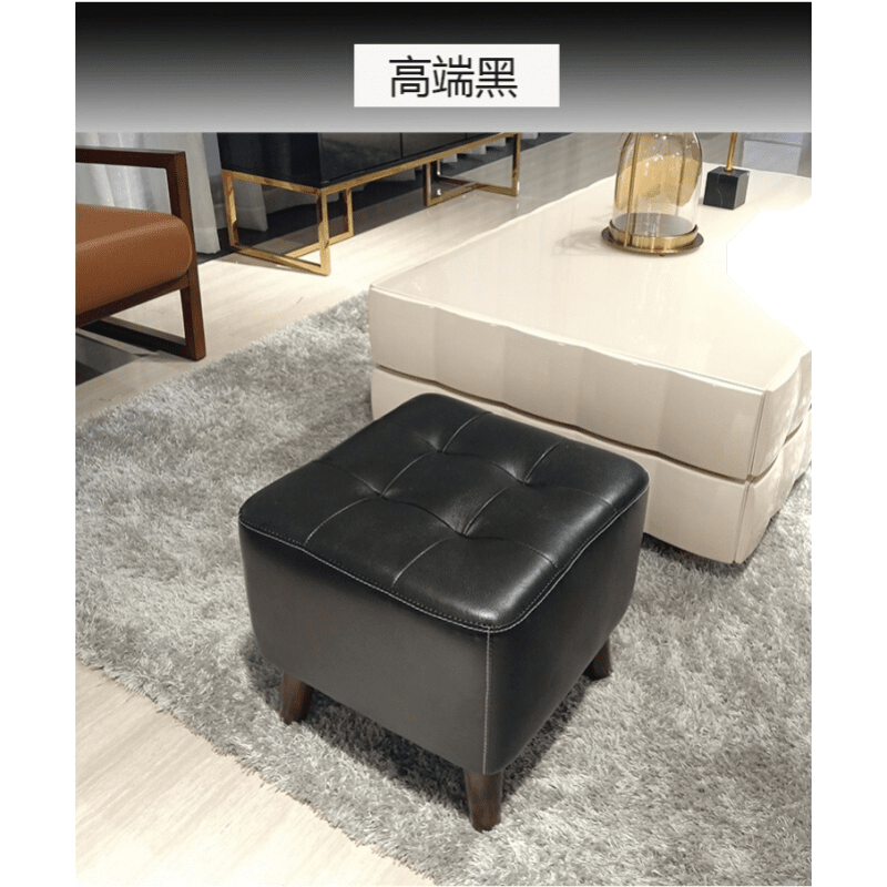 沙发脚踏凳头层牛皮沙发凳家用换鞋凳客厅实木小真皮墩凳子搁脚化妆矮凳整装 高端黑
