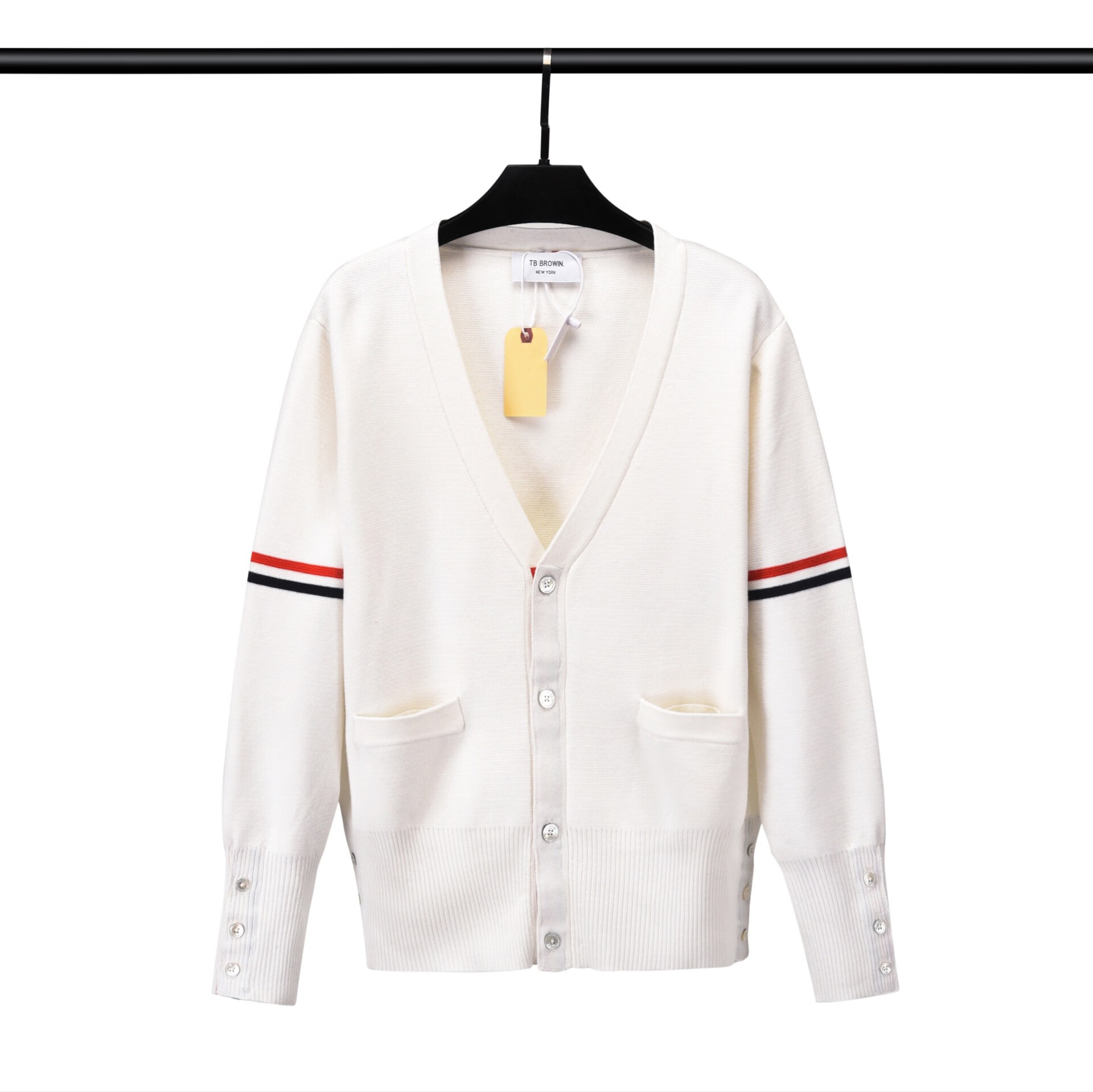 thom binpan美国tb羊毛针织衫男春秋新款v领开衫毛衣男红白蓝条纹撞色