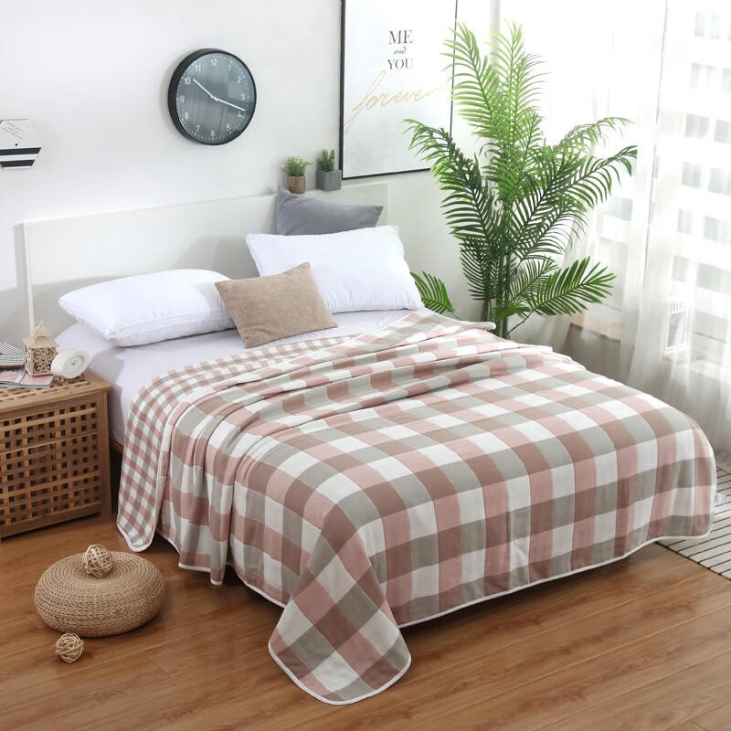 麦琪娜 全棉六层纱布毯子毛巾被夏凉被午休盖毯夏季被子空调被夏被 大格粉 90*100cm 婴儿毯