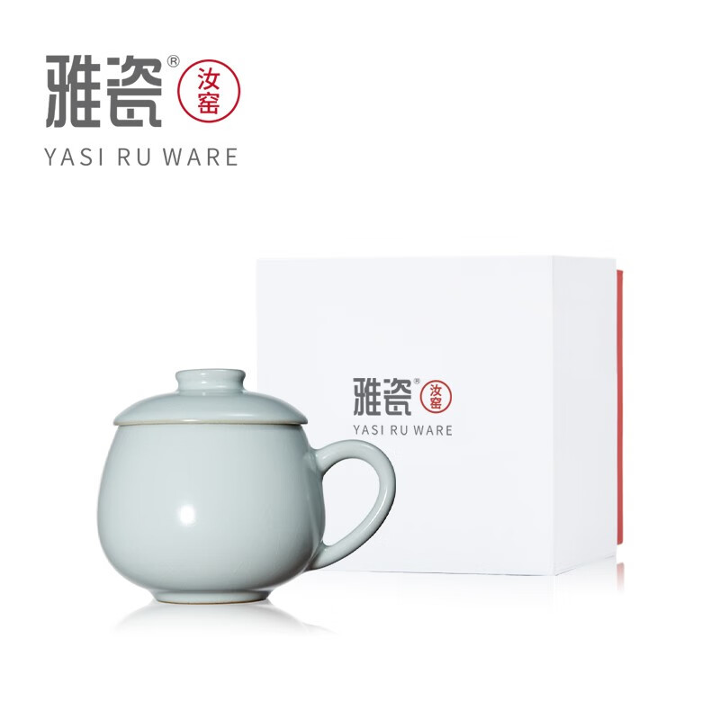 雅瓷汝窑茶杯办公室陶瓷杯子带盖喝茶泡茶杯冰裂釉小青杯礼盒装可送礼 汝窑小青杯 340ml 1只
