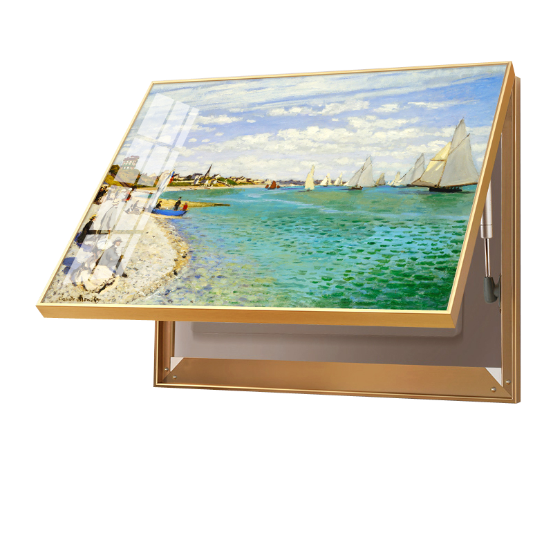 MONADIY【銷(xiāo)量10000+】電表箱裝飾畫(huà)免打孔液壓上翻配電箱弱電箱遮擋掛畫(huà) 莫奈海邊2 液壓 鋁合金框+晶瓷畫(huà) 金色框 橫版60*50cm-內空50*40cm