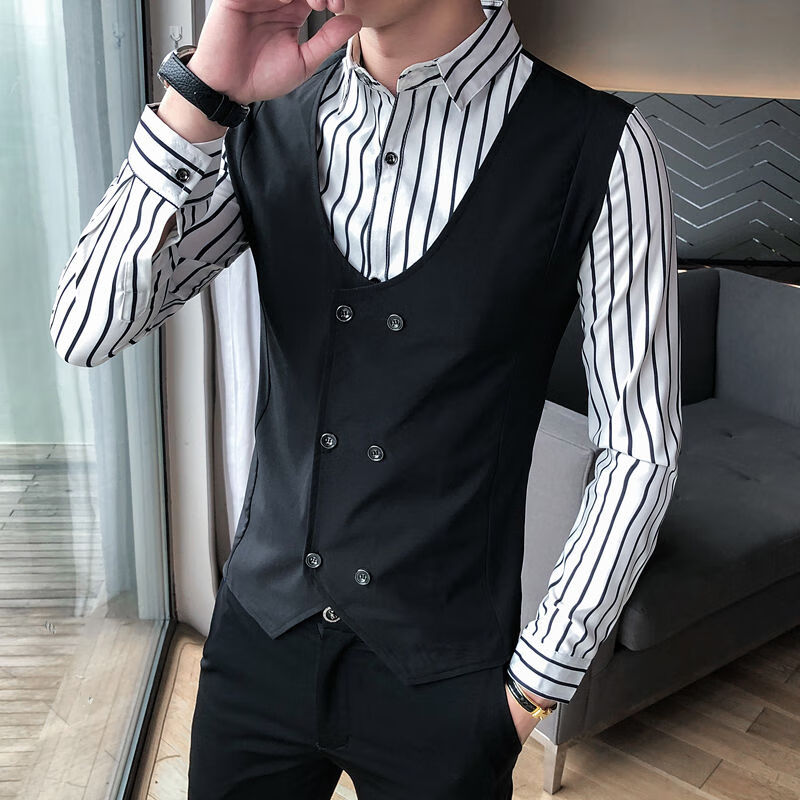 卡度顿（kadudun）发型师假两件带马甲男衬衫长袖韩版潮帅气青少年条纹衬衣春秋男装 白色 XL