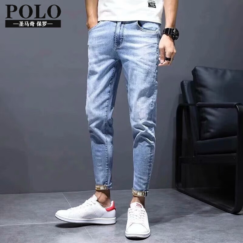 保罗Polo奢侈品男装破洞潮牌九分牛仔裤男修身小脚夏季薄款韩版潮流新款贴布男裤国潮联名男装 蓝色 28