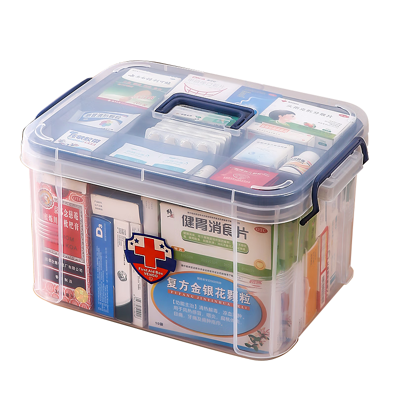 纳鸣 多层小药箱家庭装药品收纳盒医药箱家用大容量收纳箱大号药盒 透明蓝-大号
