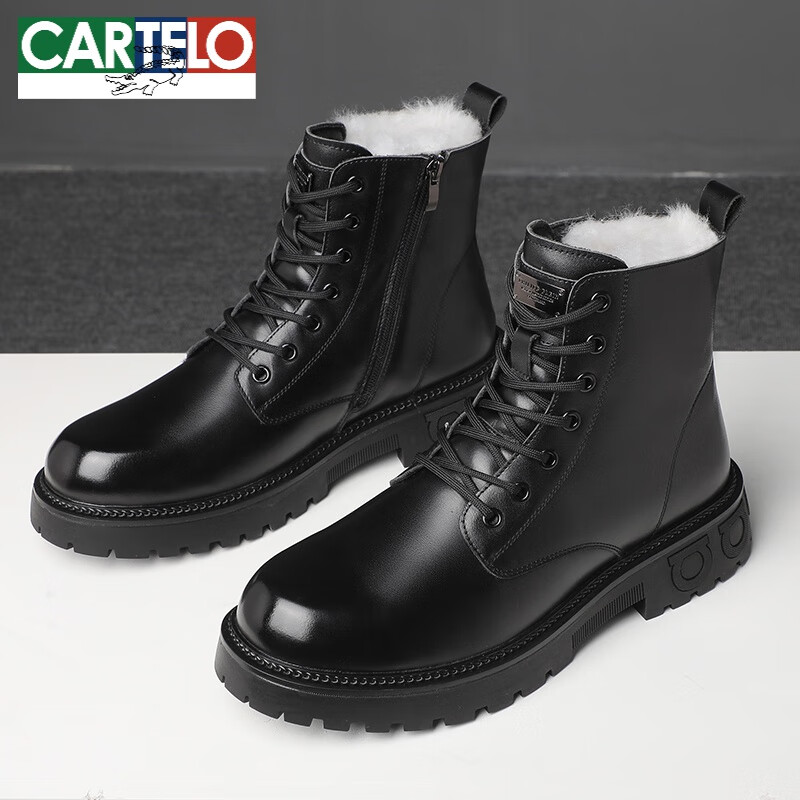 卡帝樂鱷魚（CARTELO）【頭層牛皮馬丁靴】加厚加絨保暖羊毛皮毛一體防滑防寒冬季男棉鞋 89769黑色 44