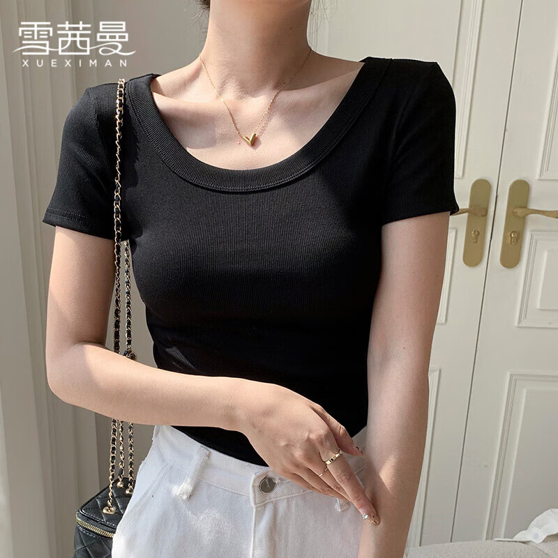 雪茜曼女士T恤女夏季薄款圆领螺纹纯色打底百搭显瘦透气女士休闲短袖黑