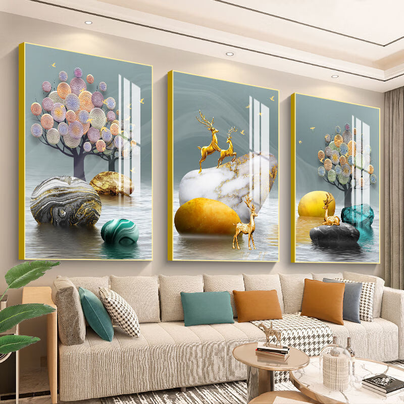 客厅三联画沙发背景墙挂画轻奢大气北欧风格现代简约有框画 福禄奔腾