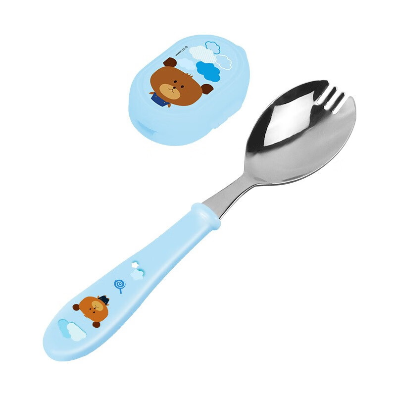 联扣儿童餐具勺叉一体宝宝叉勺316不锈钢带盖叉子勺子 【316】树脂便当勺蓝熊+勺盖