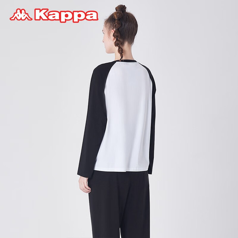 KAPPA卡帕女士睡衣女棉长袖套装时尚拼接套头大码宽松外出家居服女 黑白 L 建议(105-120斤)