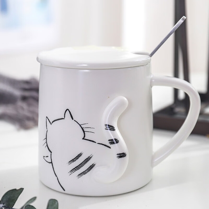 传旗 日式陶瓷马克杯350ml带盖带勺套装 学生牛奶杯子可爱咖啡杯早餐杯情侣水杯 创意猫咪尾巴C款