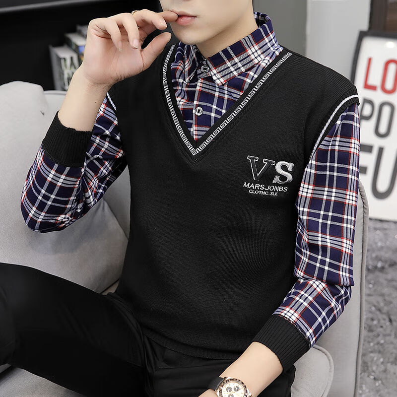 XDP秋季假两件衬衫领男士T恤长袖韩版潮流有带领卫衣假领秋装上衣服 黑色 3XL