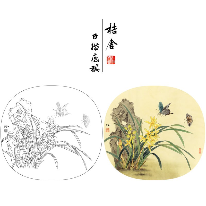 桔舍郑玲玲工笔画白描底稿兰花蝴蝶圆形小品原作大小40*43厘米花鸟