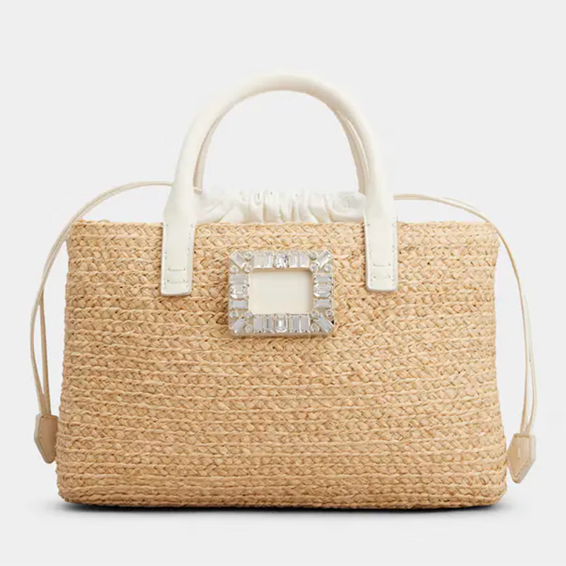 roger vivier 女士拉菲草编织春夏新款钻扣菜篮子斜挎手提包 米白色