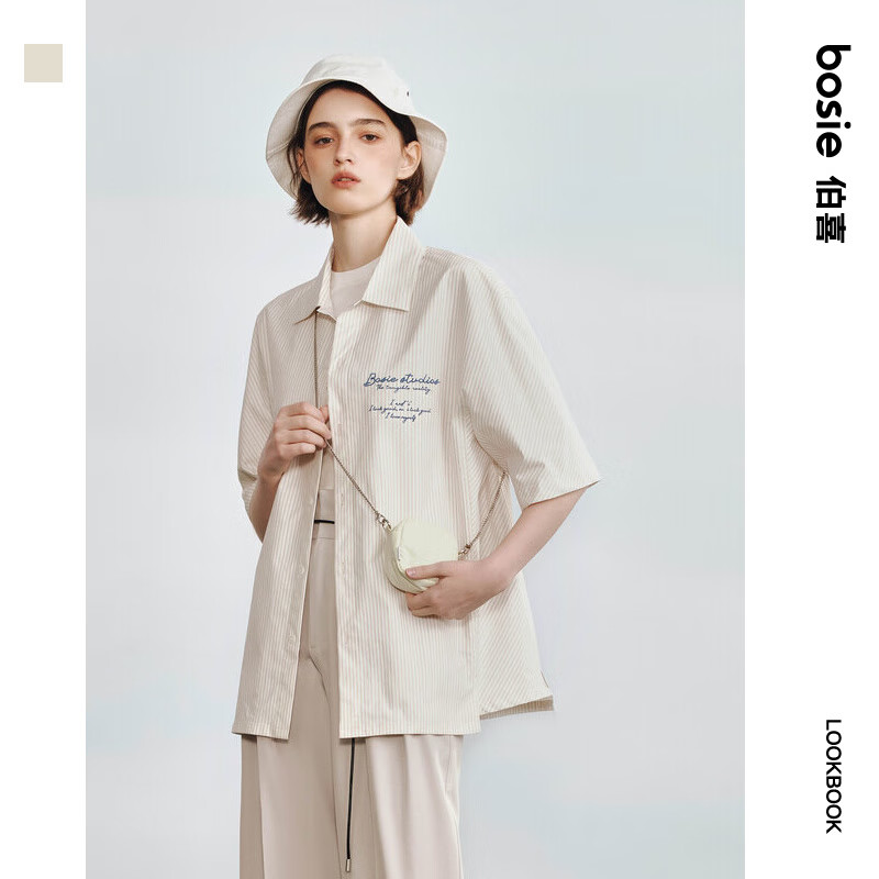 bosie夏季新款短袖襯衫手寫logo條紋印花寬松襯衣潮男情侶裝 米白條紋色 L