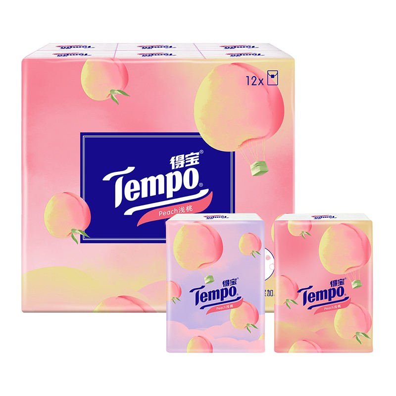 得宝（TEMPO） 得宝手帕纸 蜜桃味印花手帕纸巾 4层面巾纸12包手帕纸小包