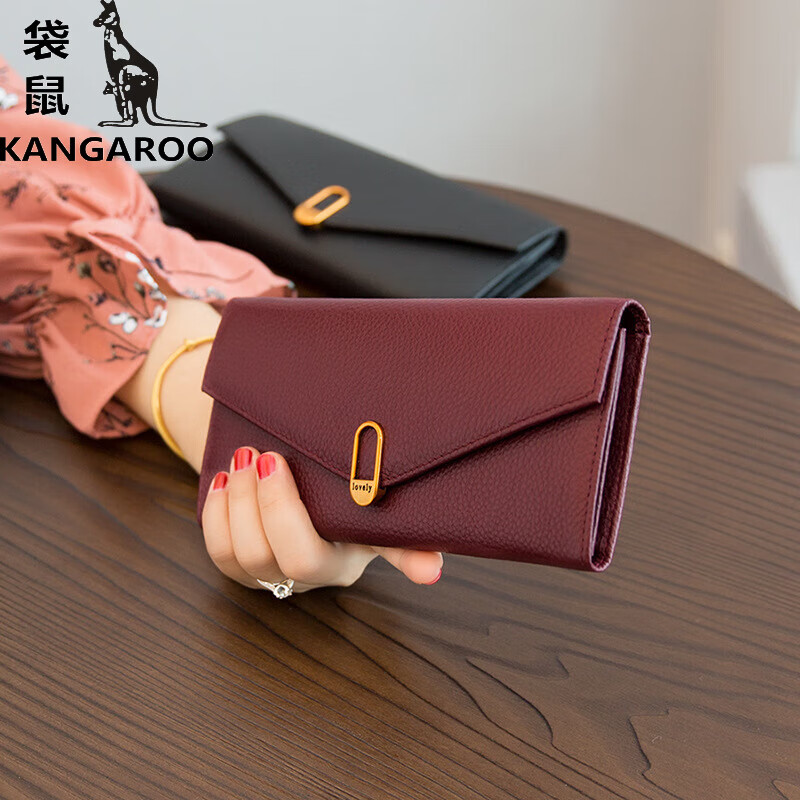 袋鼠长款钱包女2024新款百搭零钱卡位头层软牛皮钱夹薄款可放手机 酒