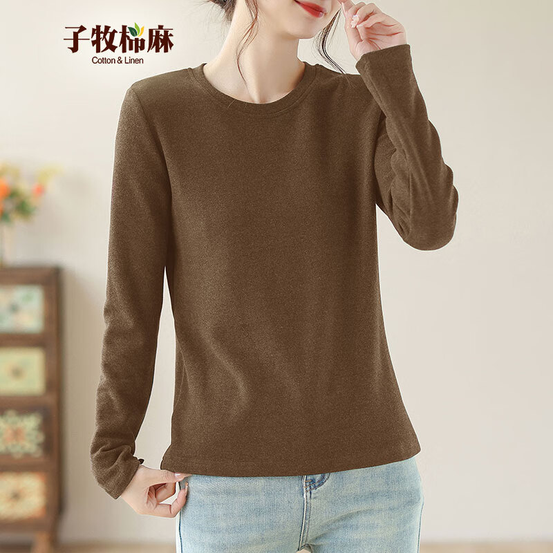 子牧棉麻秋冬装 女韩版双面磨毛德绒圆领长袖打底衫加厚保暖上衣8699 咖啡色圆领德绒款 加厚 2XL (建议130-145斤)