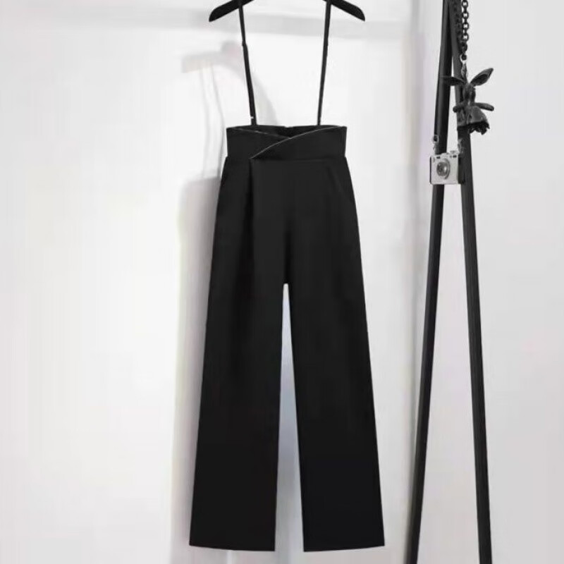 柒十念黑色阔腿吊带裤女夏季显瘦高腰背带裤垂感直筒雪纺连体裤套装