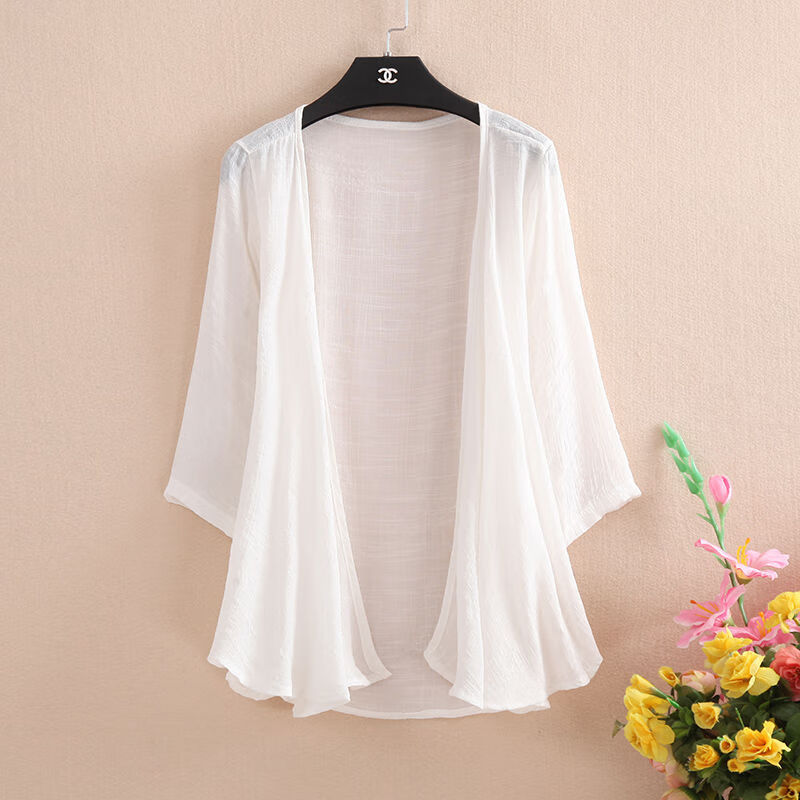 乔骏晟新款朋克棉麻披肩女夏季短款开衫外披衣外套薄长袖外搭 白色