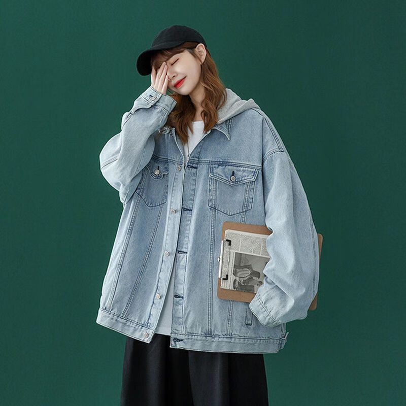 魅无尚胖妹妹牛仔外套春秋女大码2024连帽纯色新款宽松学生潮流ins