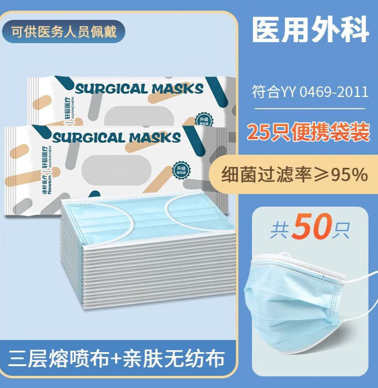 诺轩医疗黑色口罩一次性外科独立包装女夏季薄款透气防晒颜值正规 新科技包装[外科级]蓝色 [非独立装]50只实惠装