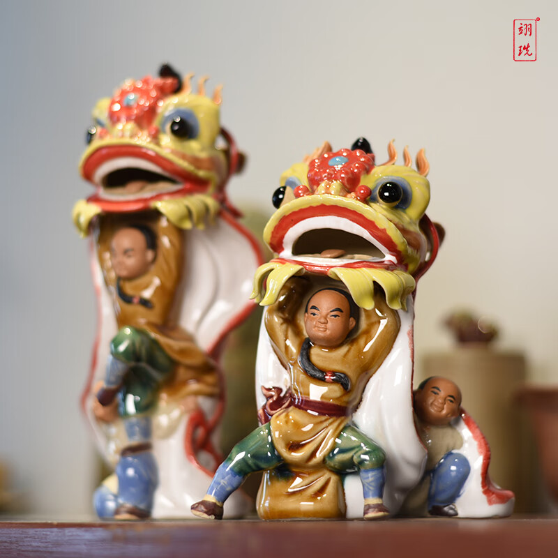 翊珗石湾公仔黄飞鸿舞狮醒狮摆件雕塑艺术品家居客厅玄关装饰品特色手
