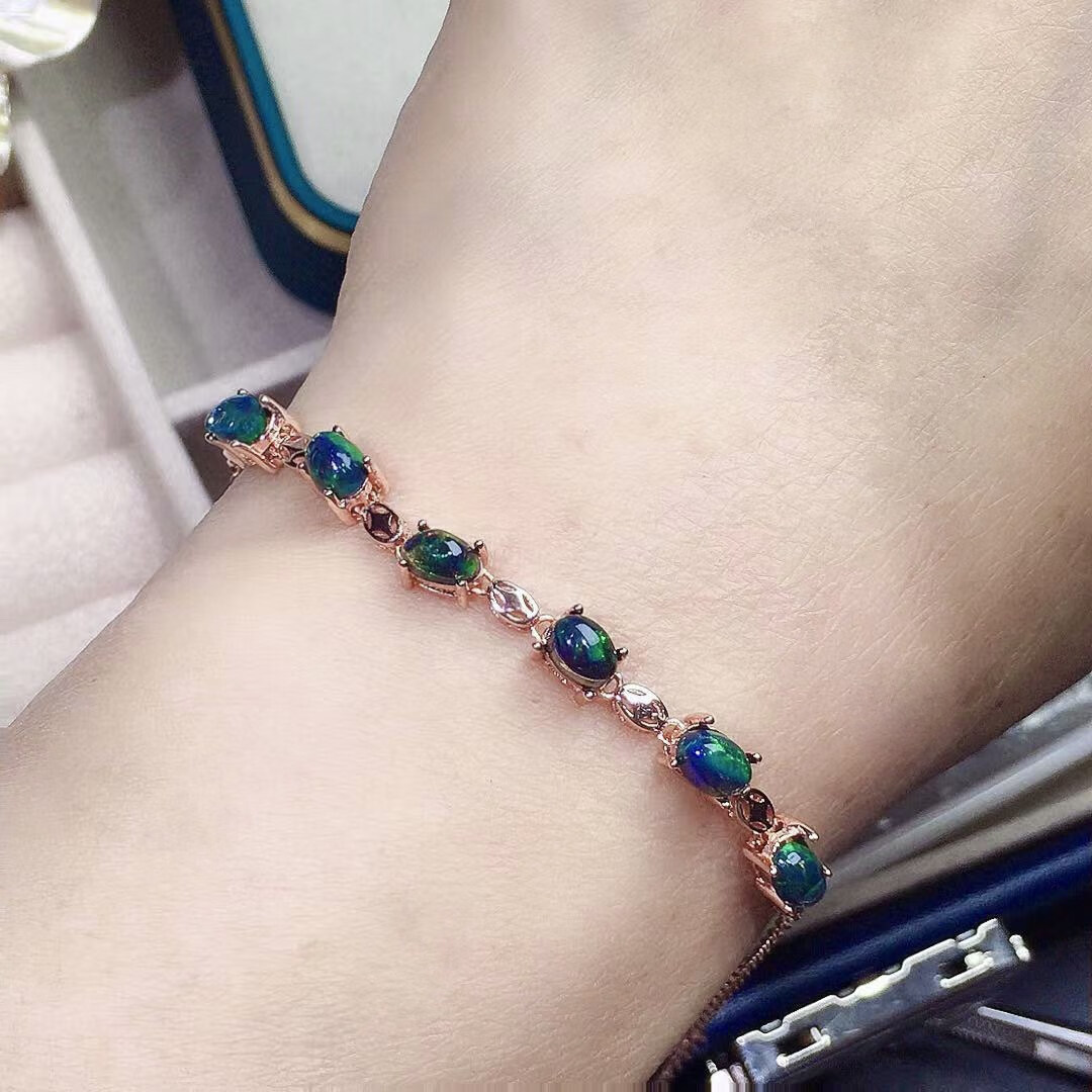 双盈喜天然黑欧泊手链深邃神秘轻奢百搭炫彩925银镶嵌女生日礼物 玫瑰