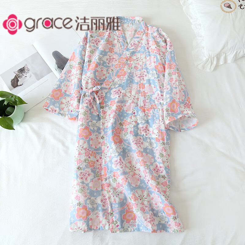 潔麗雅（grace）棉質(zhì)薄款紗布和服袍棉男女浴衣睡衣睡袍日式可愛春秋夏系帶睡裙 紗布袍208藍(lán)紗布 L